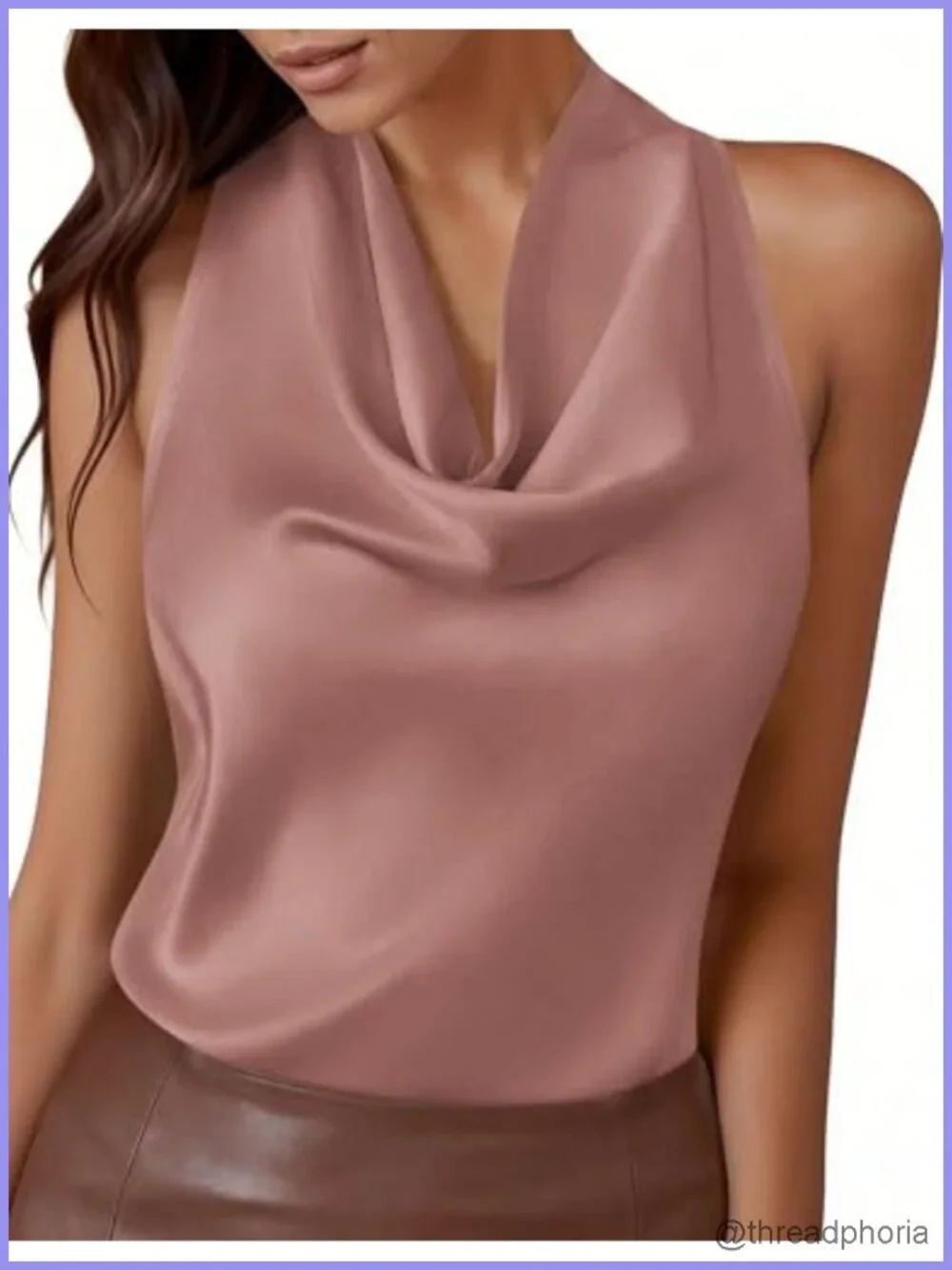 Satin Halter Tank Top Cowl Neck Tie Back Sleeveless Summer Blouse